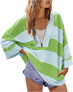 Womens Half Zip Striped Sweatshirt V Neck Oversized Hoodies Tops Casual Trendy Fall Outfits Loose Fit Preppy Clothes