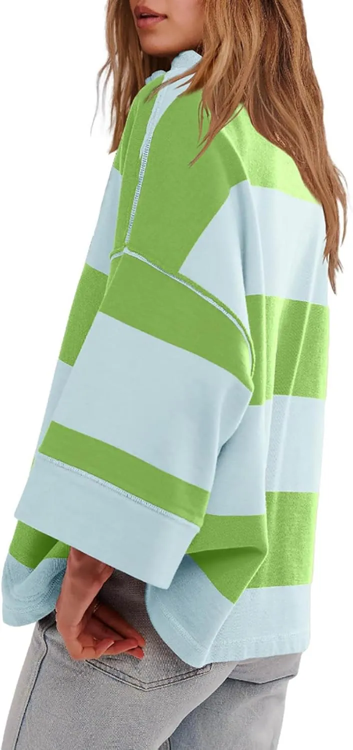 Womens Half Zip Striped Sweatshirt V Neck Oversized Hoodies Tops Casual Trendy Fall Outfits Loose Fit Preppy Clothes