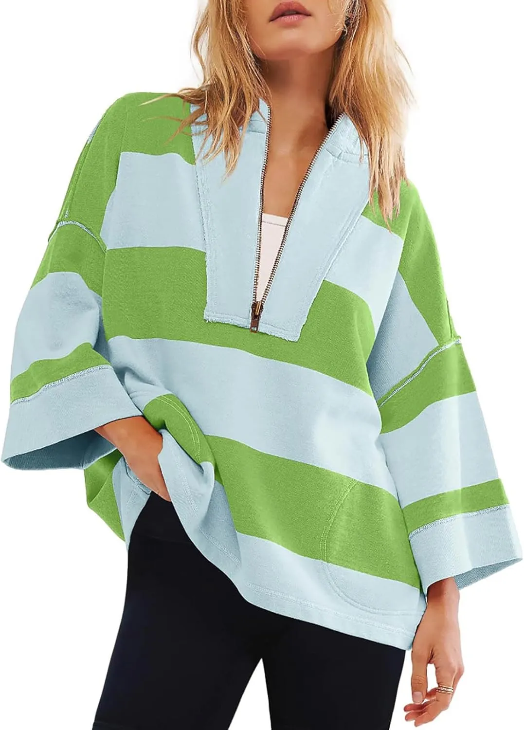 Womens Half Zip Striped Sweatshirt V Neck Oversized Hoodies Tops Casual Trendy Fall Outfits Loose Fit Preppy Clothes