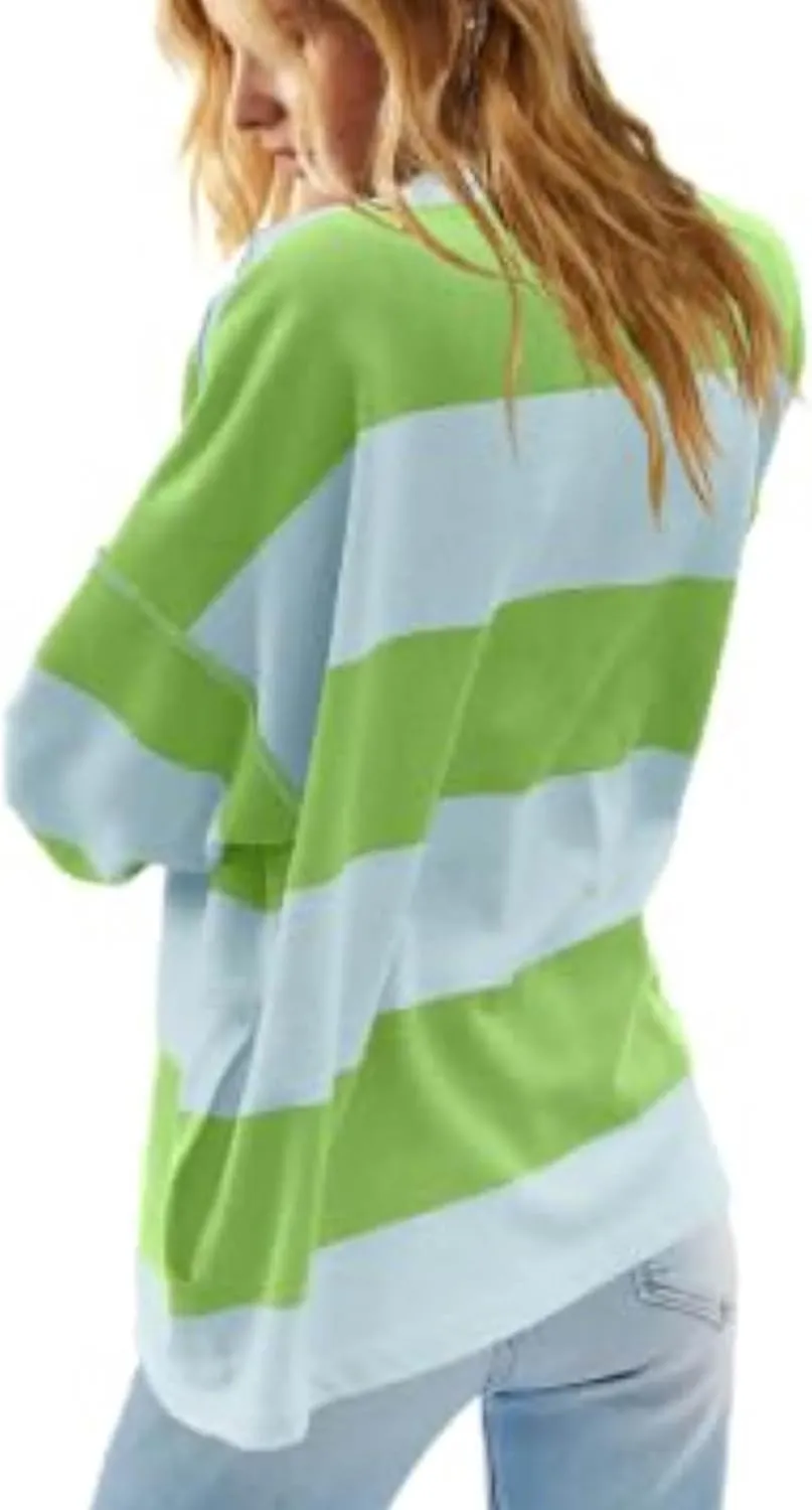 Womens Half Zip Striped Sweatshirt V Neck Oversized Hoodies Tops Casual Trendy Fall Outfits Loose Fit Preppy Clothes