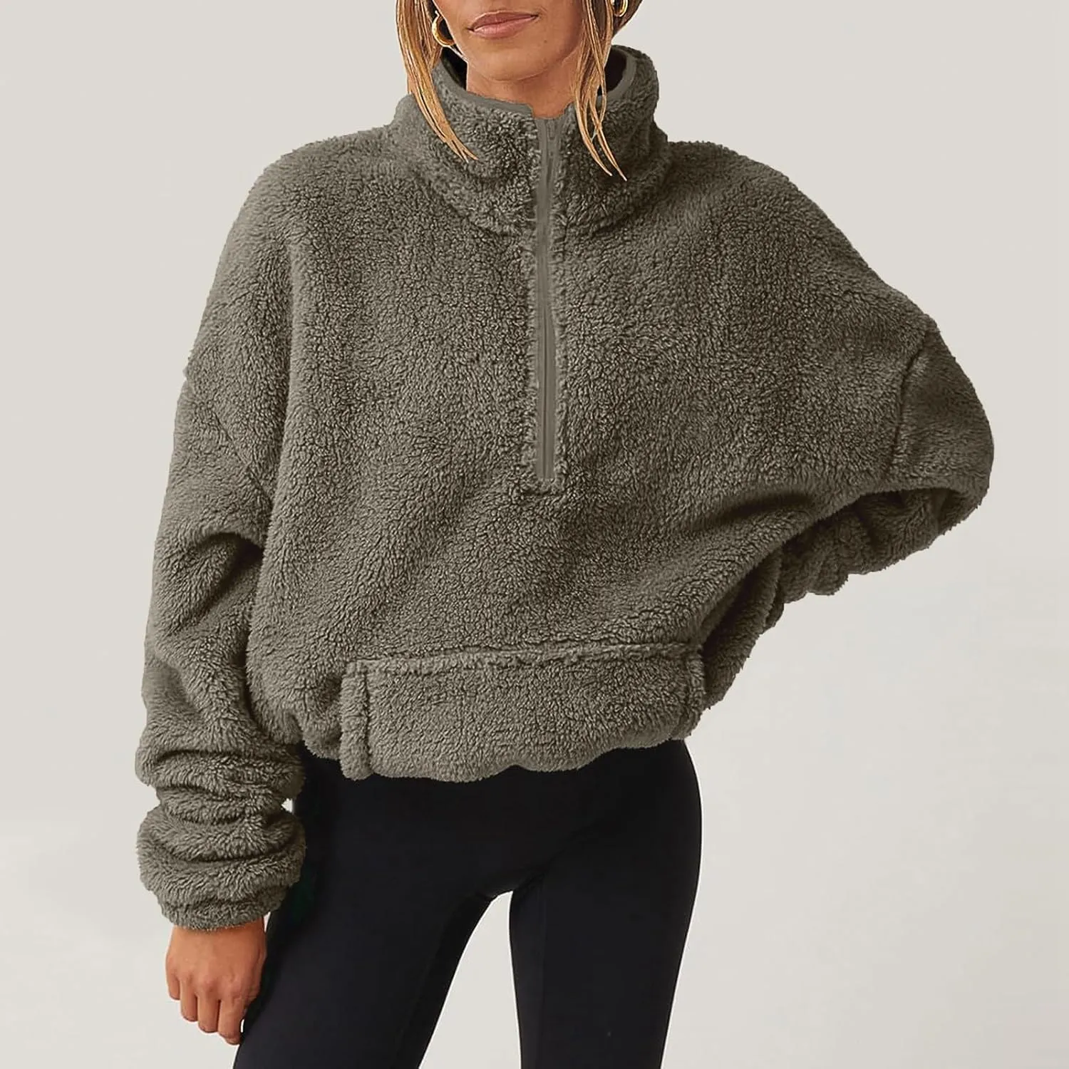 Womens Half Zip Sweatshirt Sherpa Hoodie Quarter Zip Pullover Fuzzy Sweater with Pocket Comfy Warm Winter Clothes