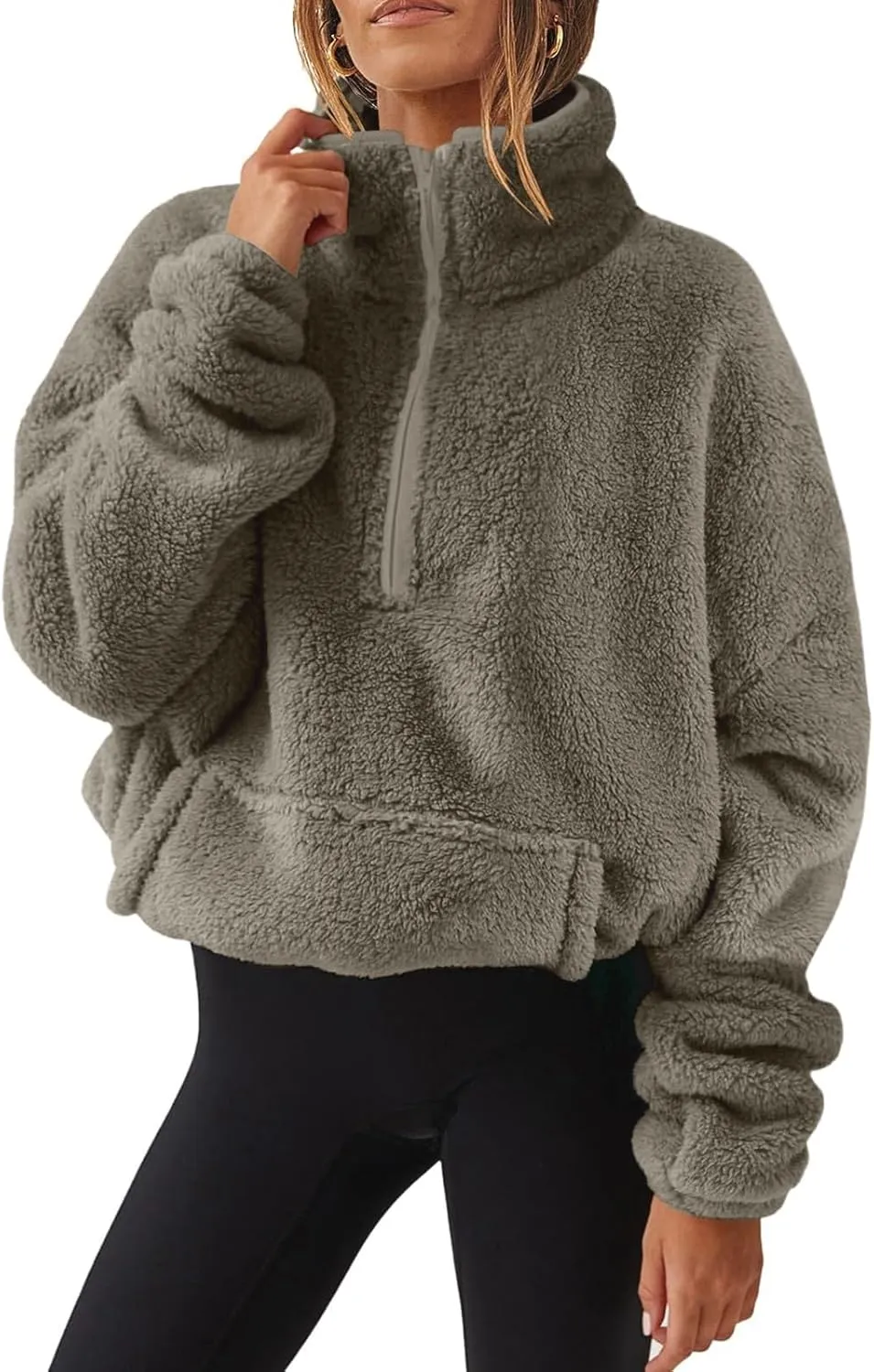 Womens Half Zip Sweatshirt Sherpa Hoodie Quarter Zip Pullover Fuzzy Sweater with Pocket Comfy Warm Winter Clothes