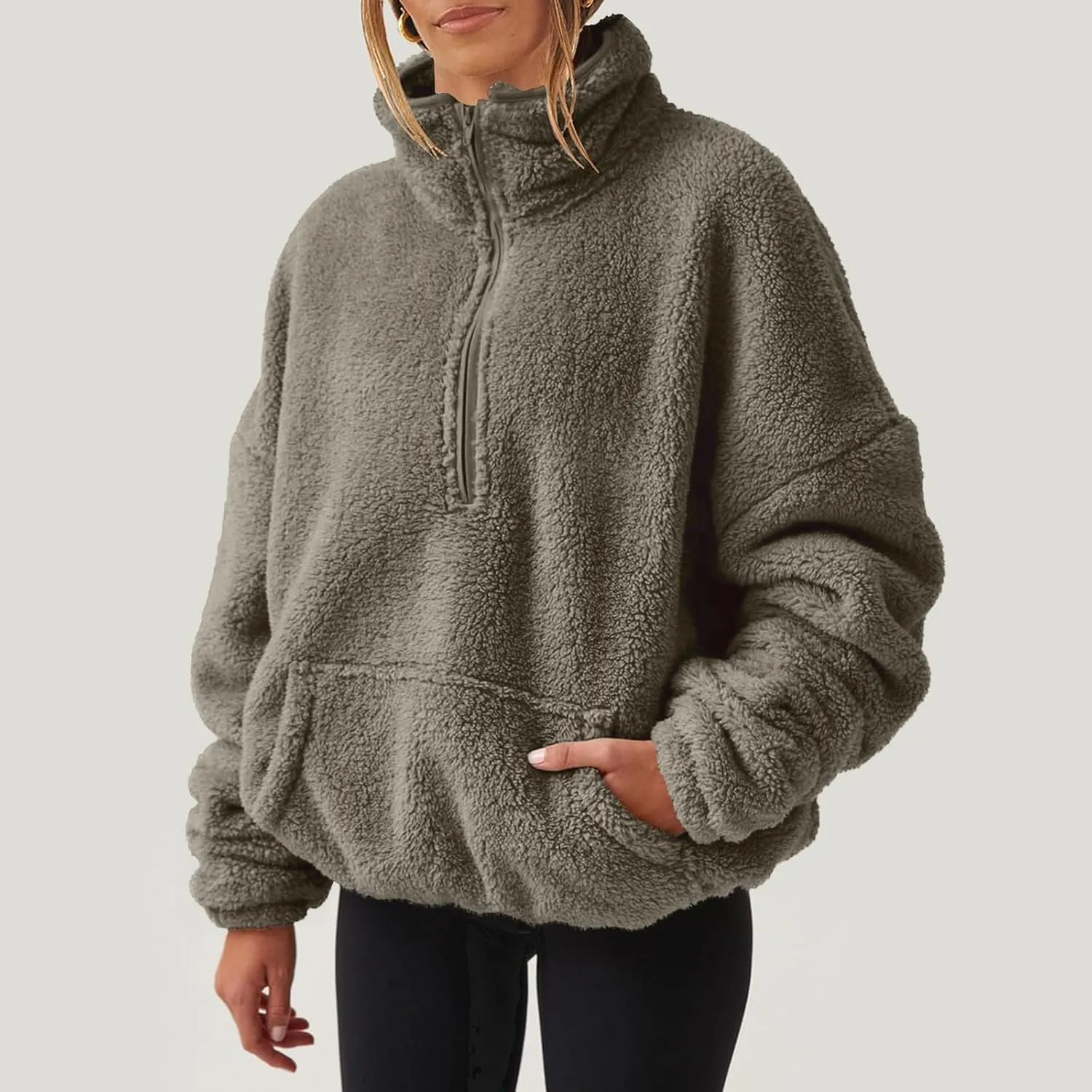 Womens Half Zip Sweatshirt Sherpa Hoodie Quarter Zip Pullover Fuzzy Sweater with Pocket Comfy Warm Winter Clothes