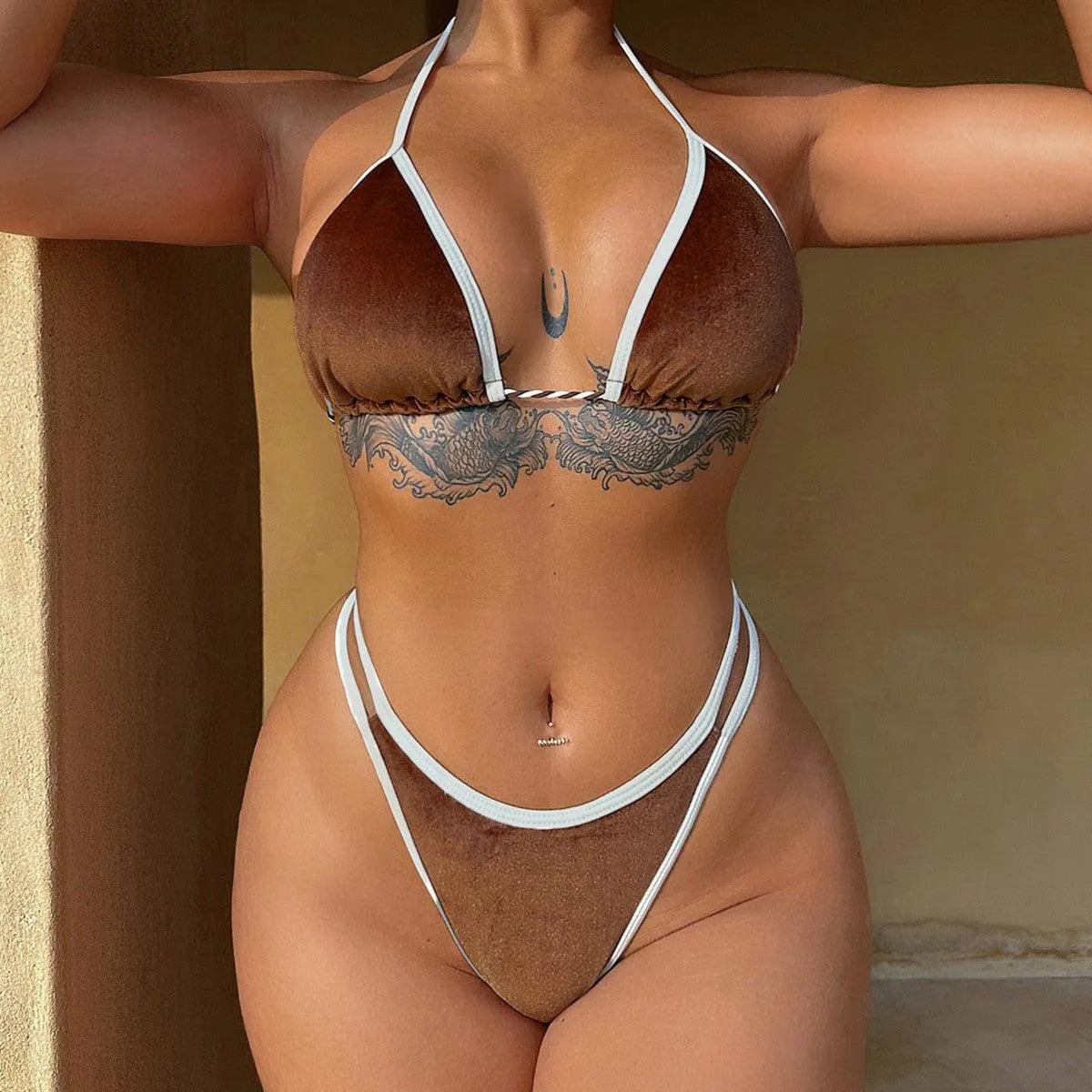 Women's Halter Micro Bikini Set - Dark Brown, Sexy Swimwear for Beach & Pool