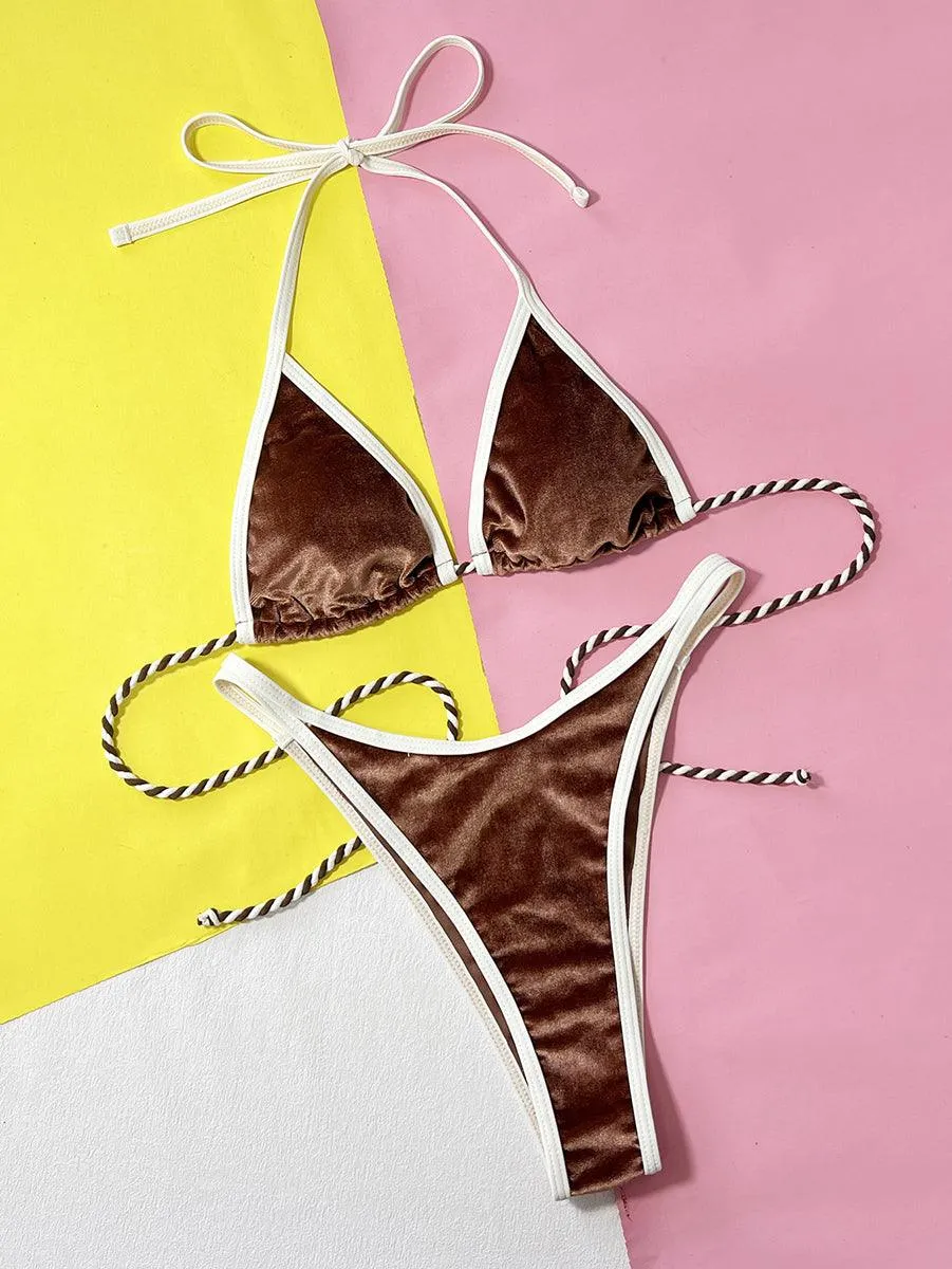 Women's Halter Micro Bikini Set - Dark Brown, Sexy Swimwear for Beach & Pool