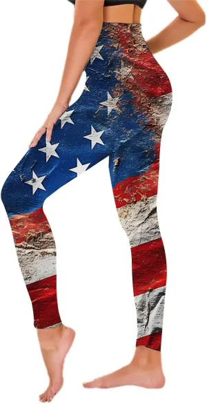 Womens High Waist American Flag Leggings Funny Full-Length Yoga Gym Workout Pants US Flag Patriotic Tights