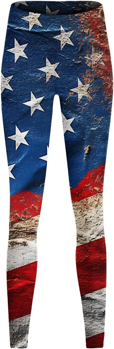 Womens High Waist American Flag Leggings Funny Full-Length Yoga Gym Workout Pants US Flag Patriotic Tights