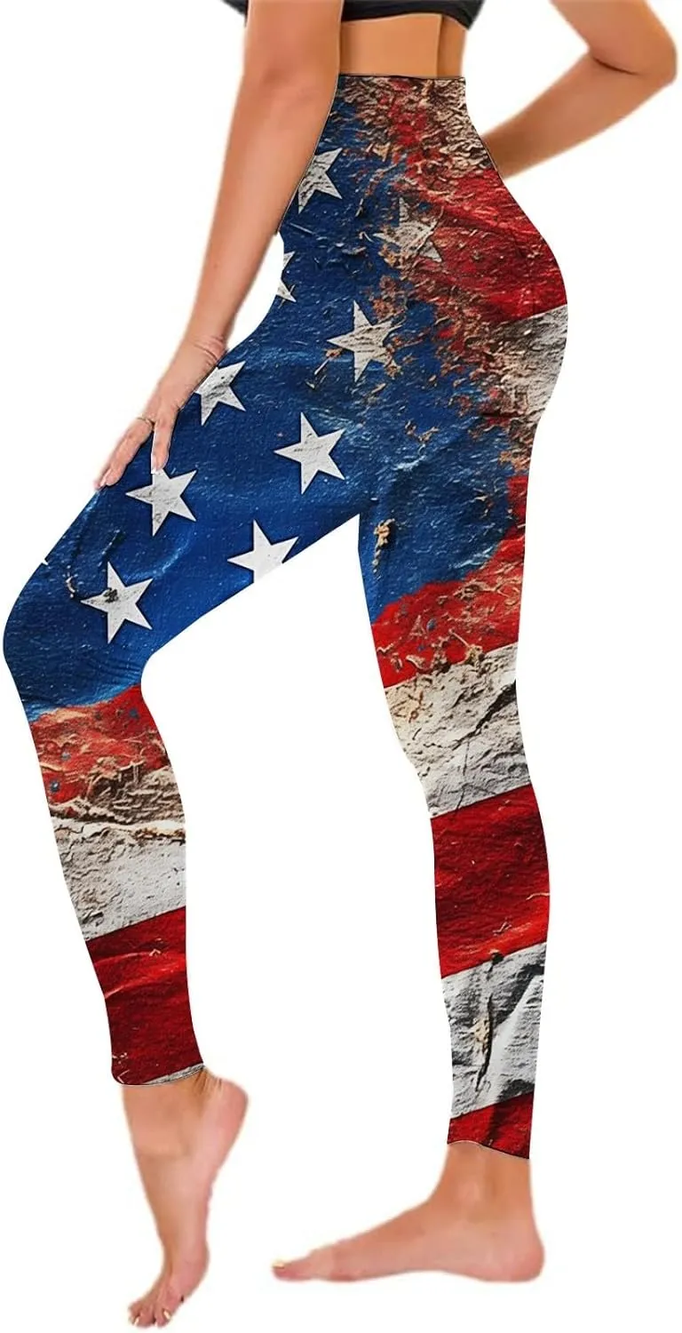 Womens High Waist American Flag Leggings Funny Full-Length Yoga Gym Workout Pants US Flag Patriotic Tights