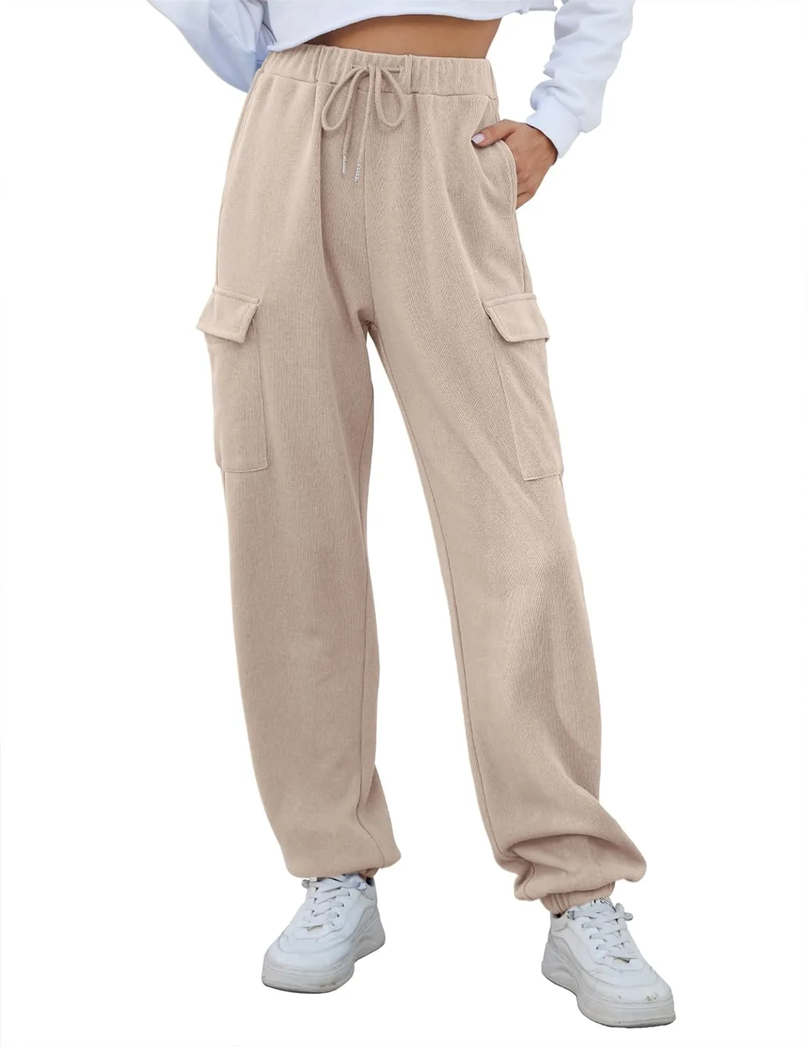 Womens High Waist Cargo Sweatpants Casual Cinch Bottom Jogger Pants Loose Drawstring Tapered Trousers with Pockets