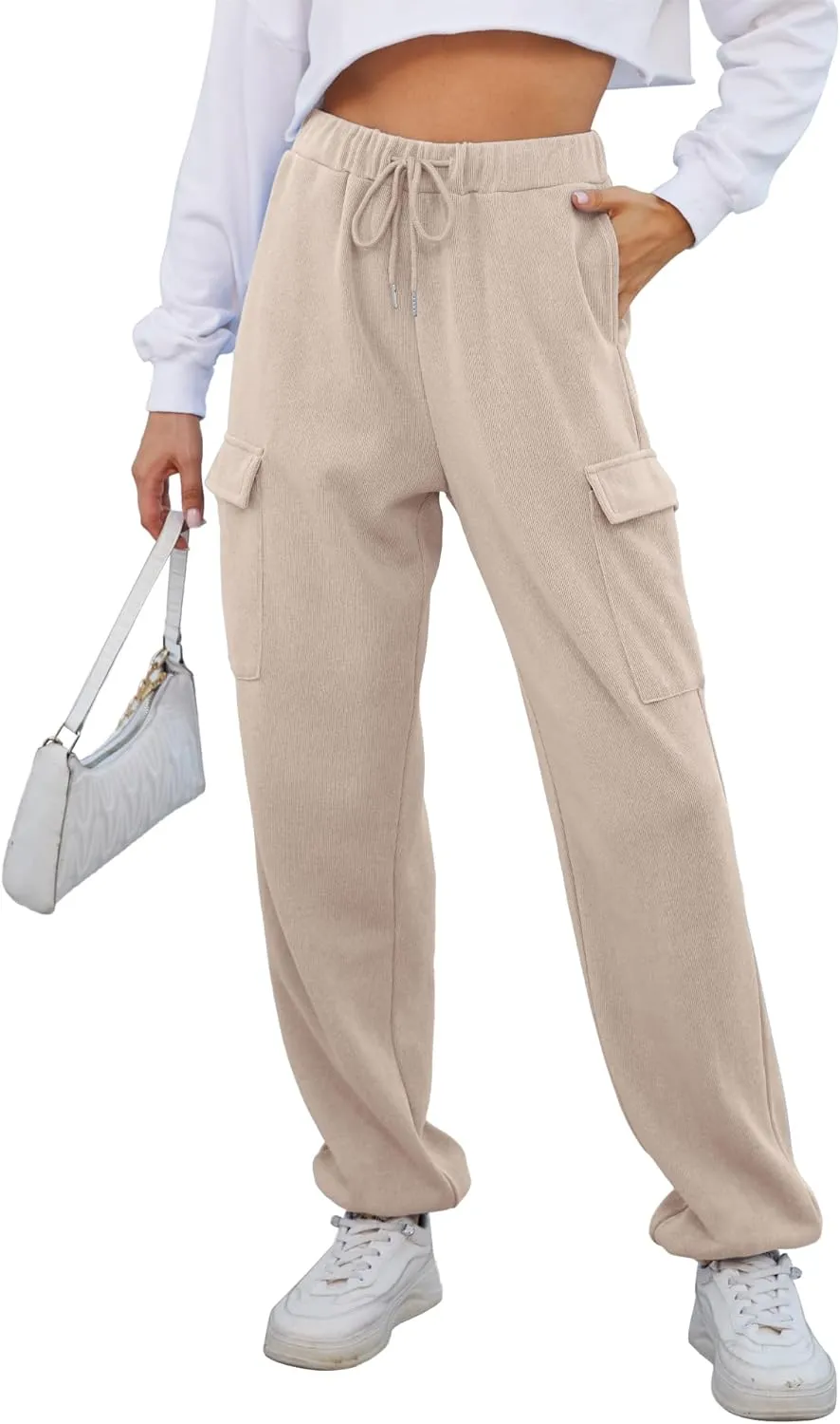 Womens High Waist Cargo Sweatpants Casual Cinch Bottom Jogger Pants Loose Drawstring Tapered Trousers with Pockets