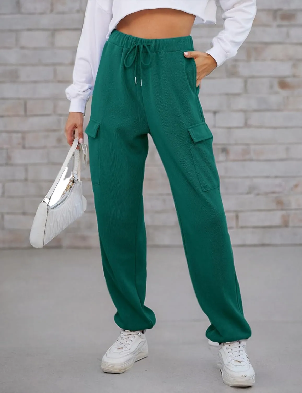 Womens High Waist Cargo Sweatpants Casual Cinch Bottom Jogger Pants Loose Drawstring Tapered Trousers with Pockets