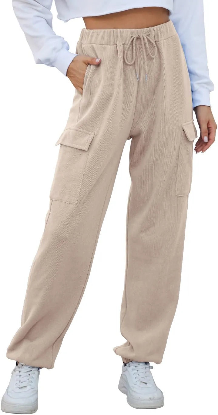 Womens High Waist Cargo Sweatpants Casual Cinch Bottom Jogger Pants Loose Drawstring Tapered Trousers with Pockets