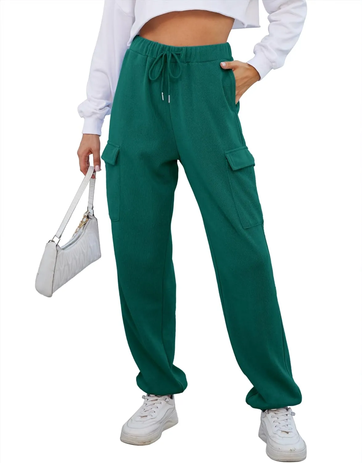 Womens High Waist Cargo Sweatpants Casual Cinch Bottom Jogger Pants Loose Drawstring Tapered Trousers with Pockets
