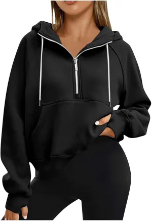 Womens Hoodies Fashion 2024 Half Zip Up Sweatshirts Drawstring Pullover Top Fashion Winter Clothes with Thumbs Hole
