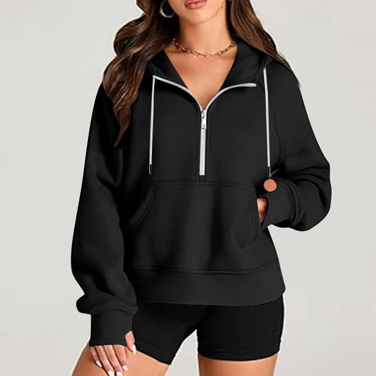 Womens Hoodies Fashion 2024 Half Zip Up Sweatshirts Drawstring Pullover Top Fashion Winter Clothes with Thumbs Hole