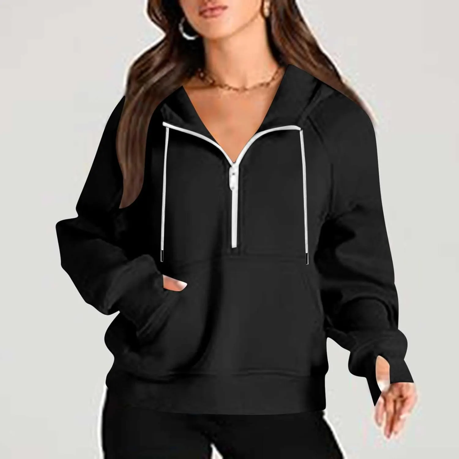 Womens Hoodies Fashion 2024 Half Zip Up Sweatshirts Drawstring Pullover Top Fashion Winter Clothes with Thumbs Hole
