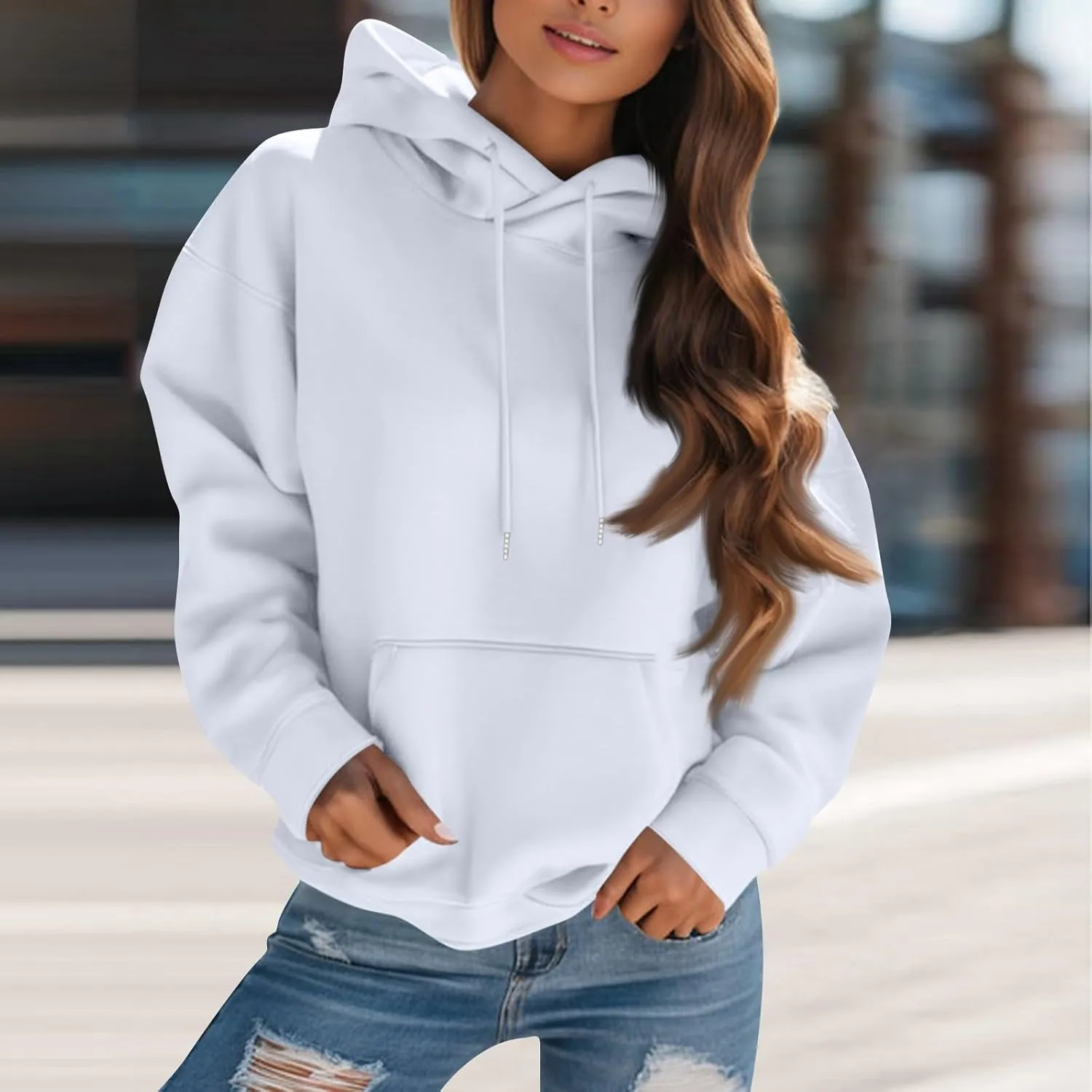 Womens Hoodies Oversized Fleece Hooded Sweatshirt Lightweight Drop Shoulder Trendy Y2K Hoodie Pullover with Pockets