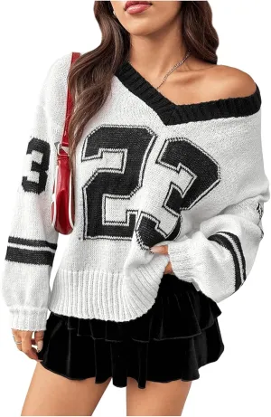 Women's Jersey Sweater Number Letter Graphic Long Sleeve Sweaters V Neck Oversized Knitted Jersey Shirt Pullovers Top
