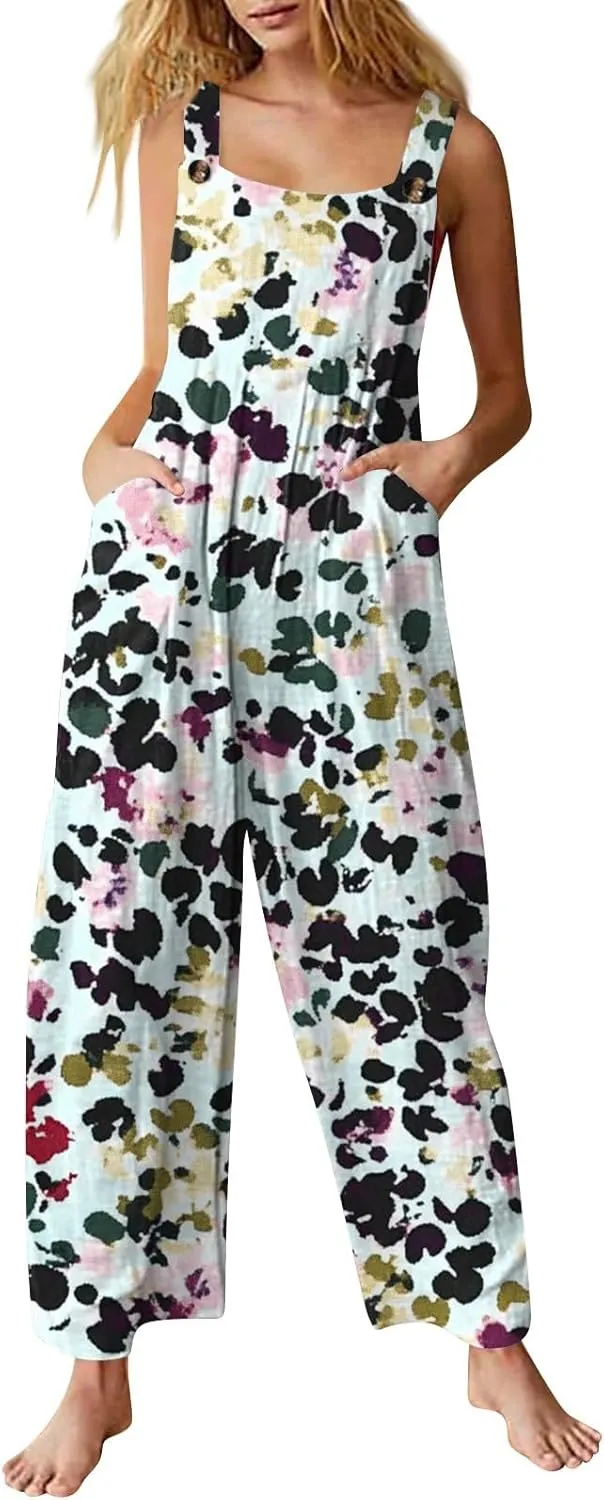 Womens Jumpsuits Loose One Piece Outfits 2025 Spring Summer Palazzo Rompers Casual Plus Size Overalls with Pockets