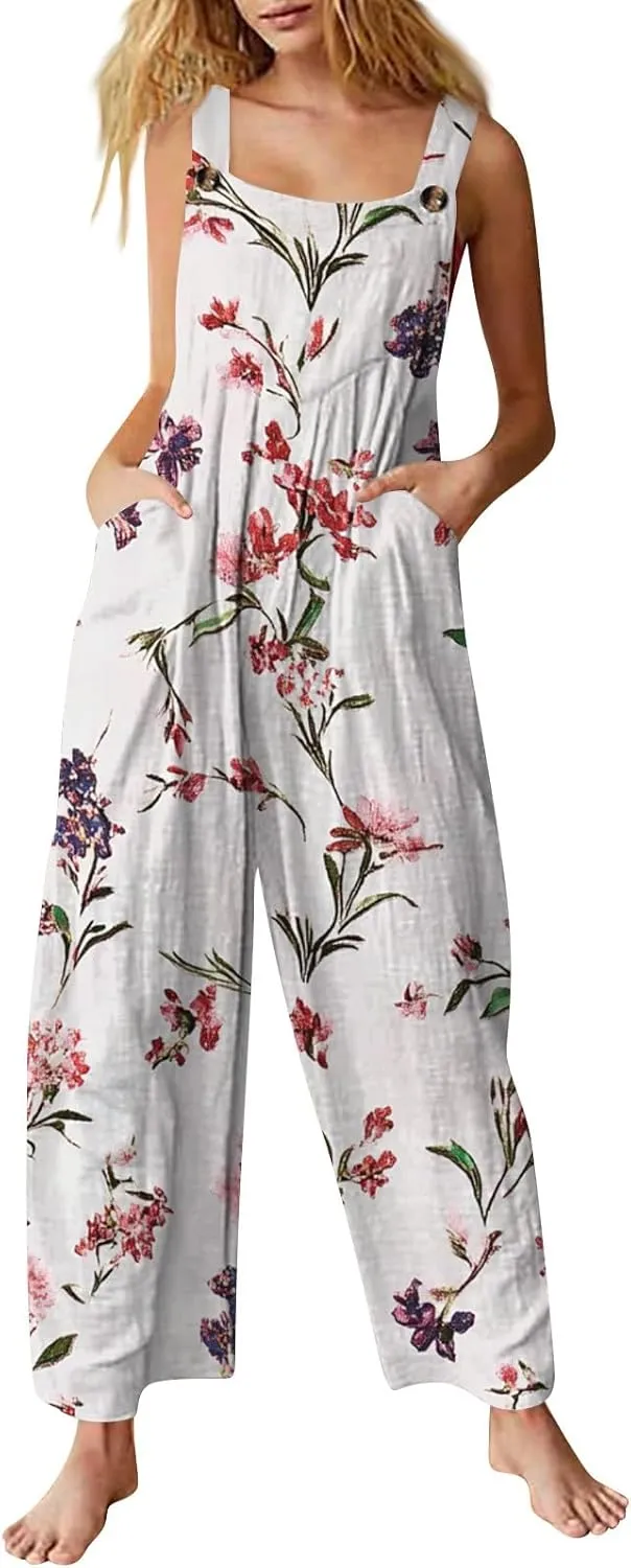 Womens Jumpsuits Loose One Piece Outfits 2025 Spring Summer Palazzo Rompers Casual Plus Size Overalls with Pockets