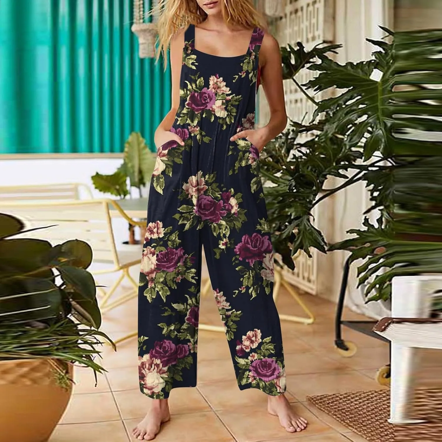 Womens Jumpsuits Loose One Piece Outfits 2025 Spring Summer Palazzo Rompers Casual Plus Size Overalls with Pockets