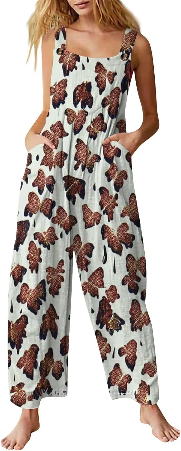 Womens Jumpsuits Loose One Piece Outfits 2025 Spring Summer Palazzo Rompers Casual Plus Size Overalls with Pockets