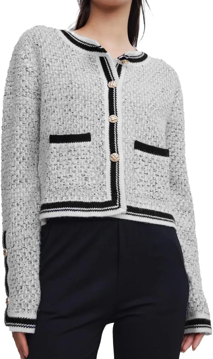 Womens Knit Cardigan Sweaters Casual Open Front Button Down Long Sleeve Cropped Tweed Jacket Trendy 2025