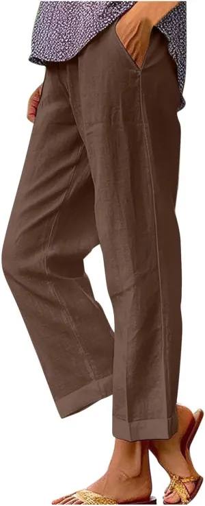 Women's Linen Pants 2025 Summer Spring Elastic Waisted Loose Straight Trouser Wide Leg Casual Pants with Pockets