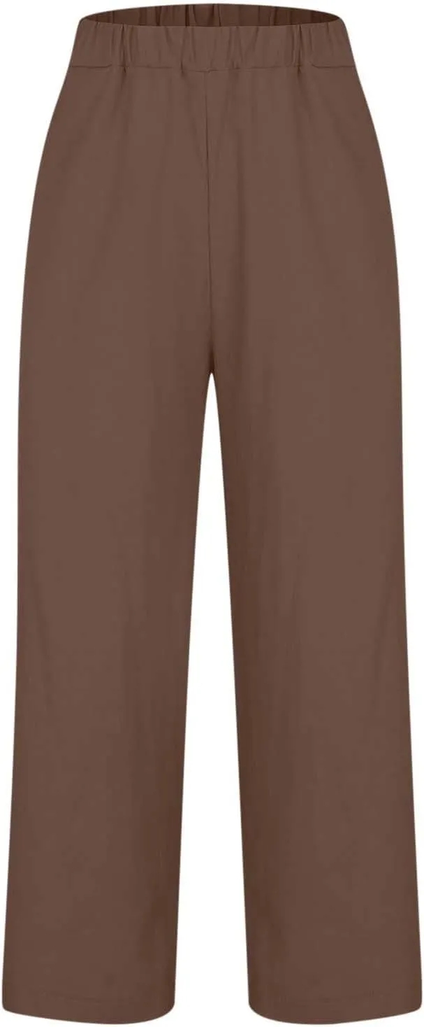 Women's Linen Pants 2025 Summer Spring Elastic Waisted Loose Straight Trouser Wide Leg Casual Pants with Pockets