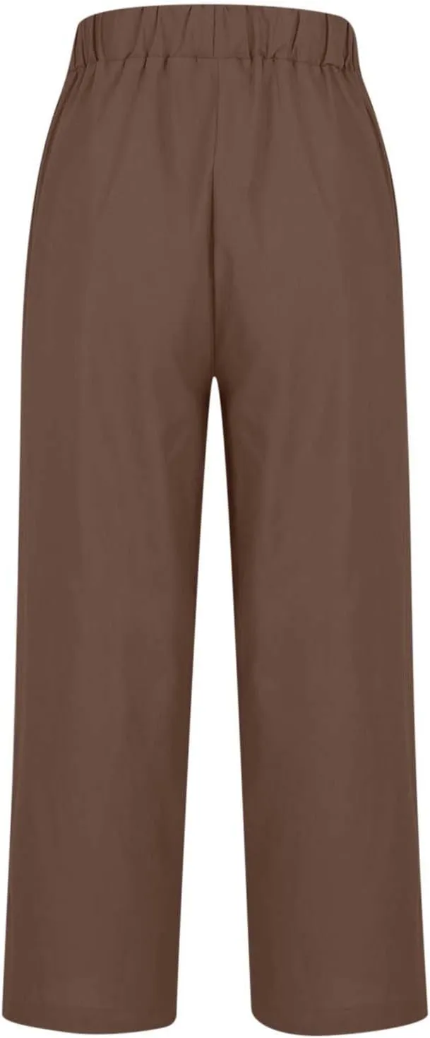 Women's Linen Pants 2025 Summer Spring Elastic Waisted Loose Straight Trouser Wide Leg Casual Pants with Pockets