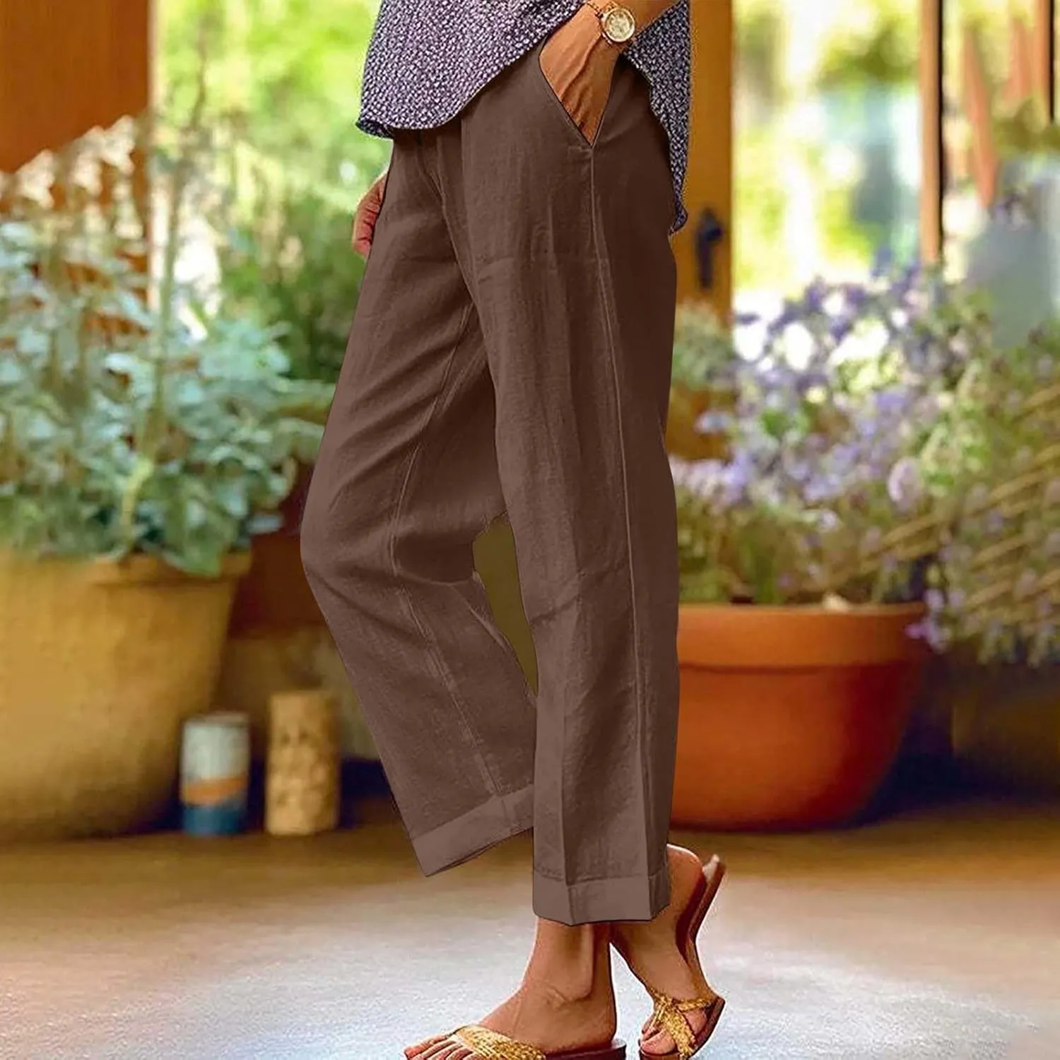 Women's Linen Pants 2025 Summer Spring Elastic Waisted Loose Straight Trouser Wide Leg Casual Pants with Pockets