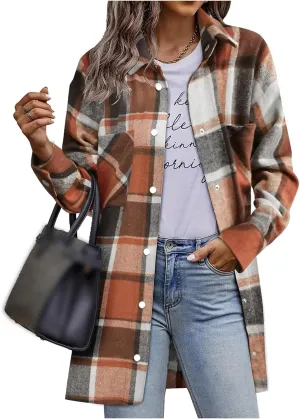 Women's Long Plaid Jacket Long Sleeve Snap Button Flannel Trench Coat Side Split Tartan Shacket Shirts with Pockets