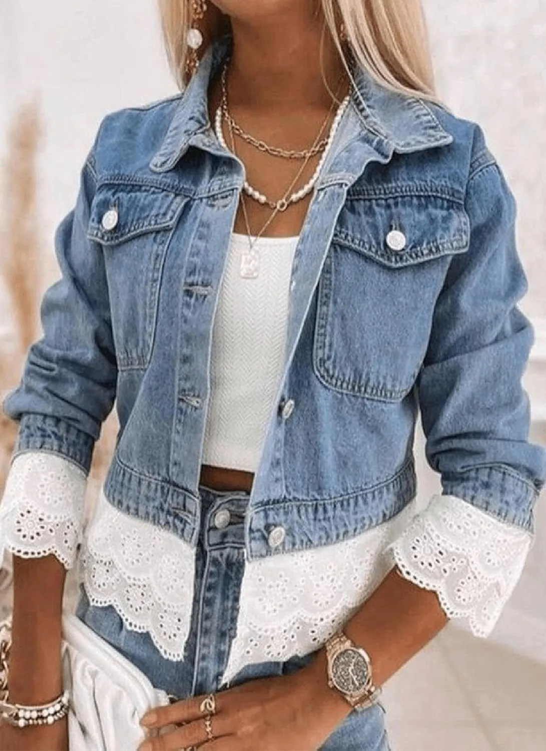 Women's Long Sleeve Jacket Blue Patchwork Denim Lace Fashion Loose Short Outerwear with Buttons