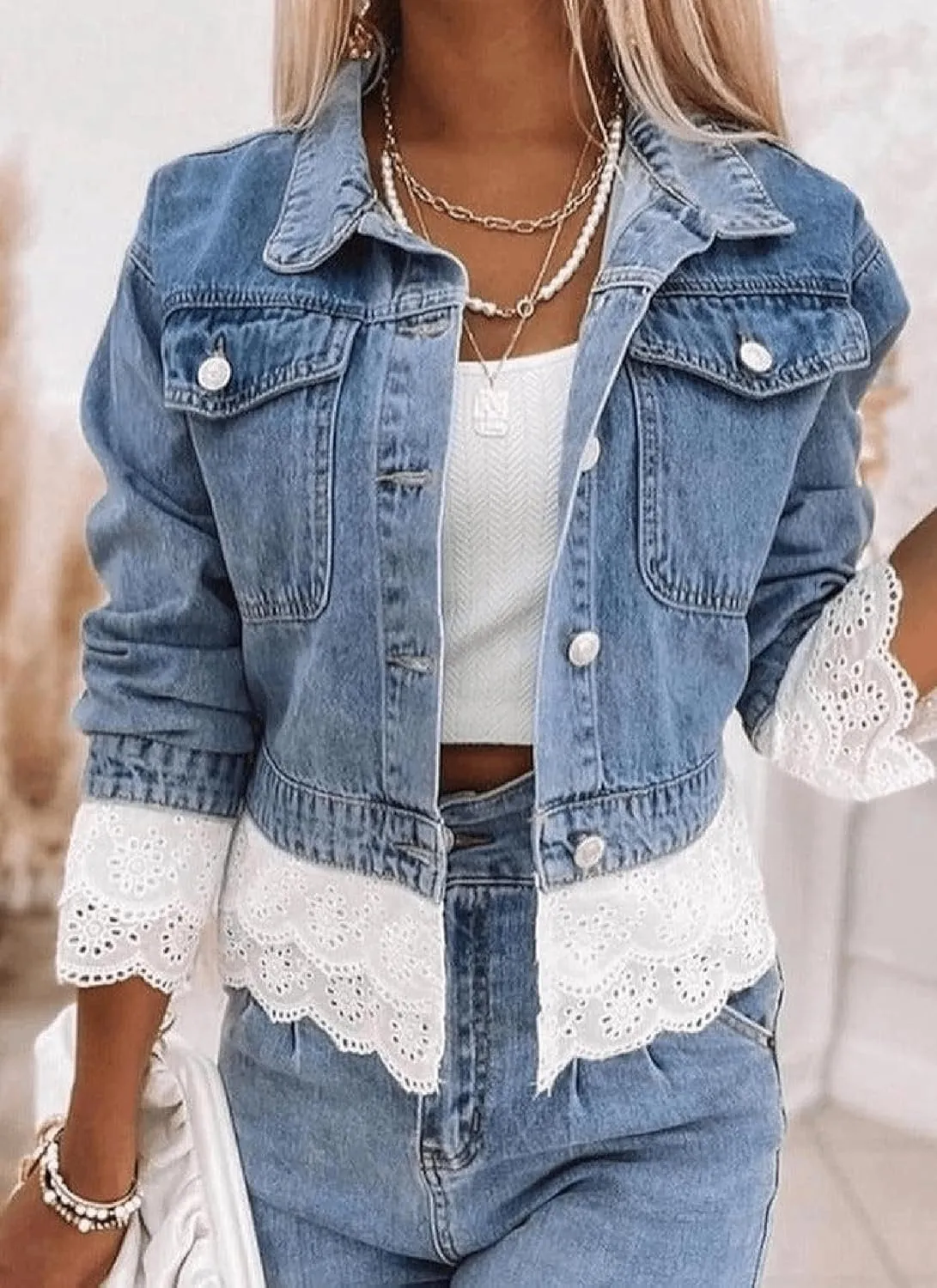 Women's Long Sleeve Jacket Blue Patchwork Denim Lace Fashion Loose Short Outerwear with Buttons