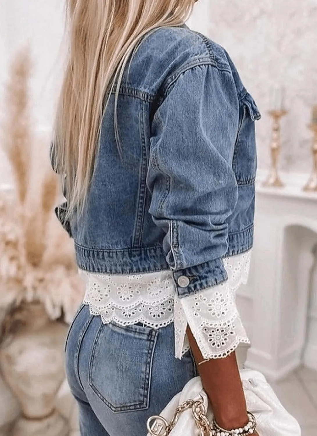 Women's Long Sleeve Jacket Blue Patchwork Denim Lace Fashion Loose Short Outerwear with Buttons