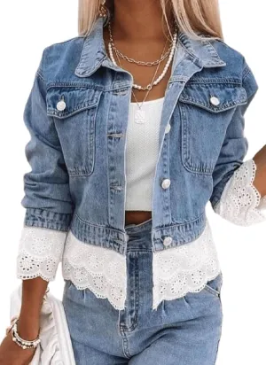 Women's Long Sleeve Jacket Blue Patchwork Denim Lace Fashion Loose Short Outerwear with Buttons