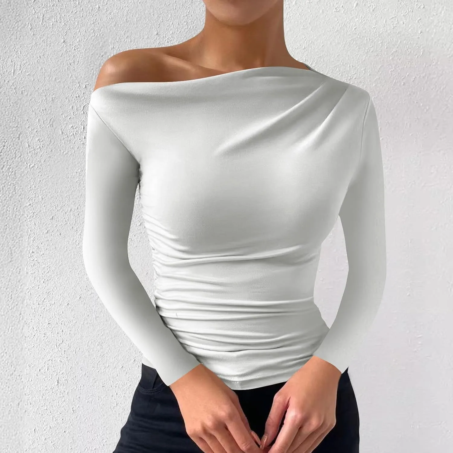 Women's Long Sleeve One Shoulder Tops Ruched Slim Fit Y2K Tight Shirts Solid Color Fall Winter Office Work Sexy Tops