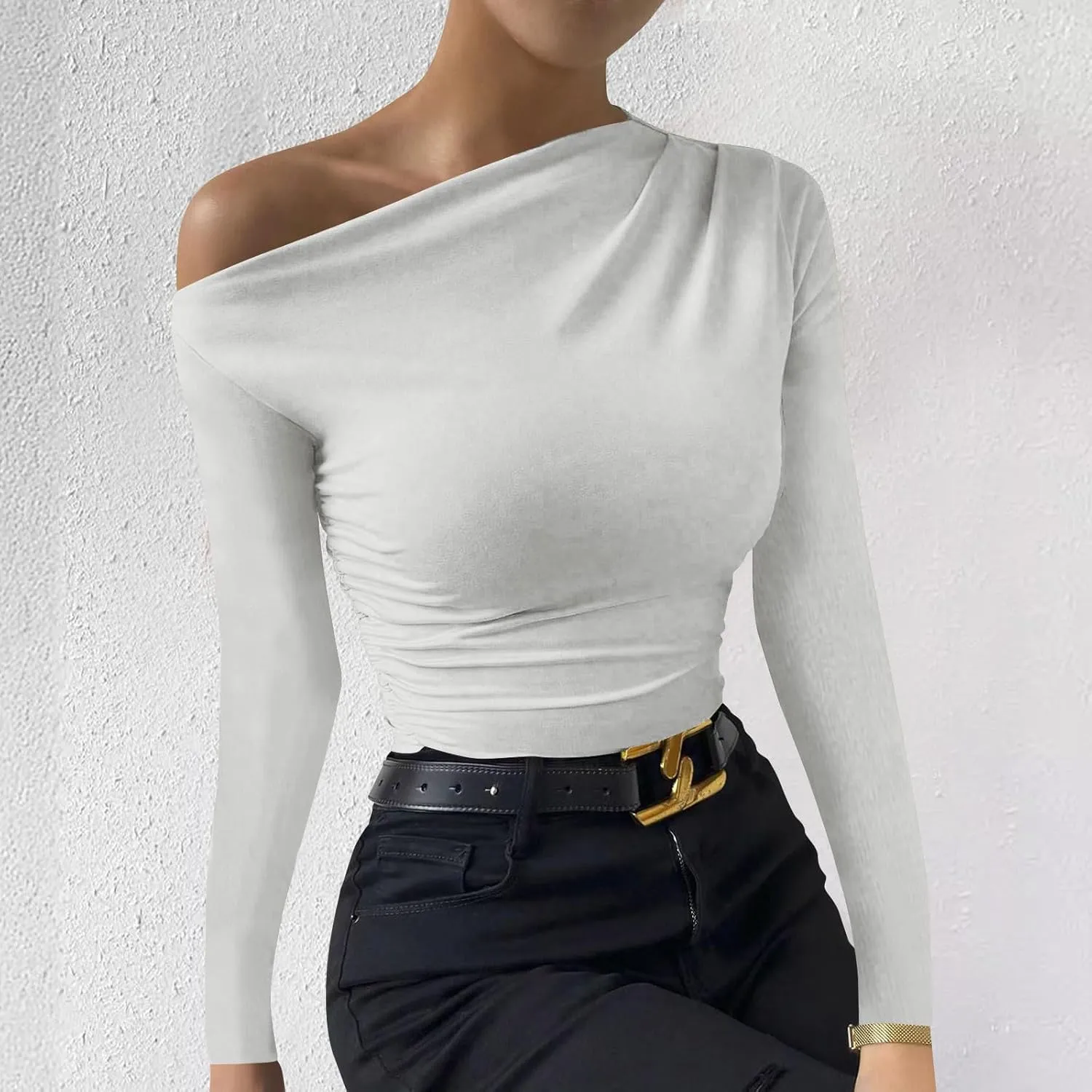 Women's Long Sleeve One Shoulder Tops Ruched Slim Fit Y2K Tight Shirts Solid Color Fall Winter Office Work Sexy Tops