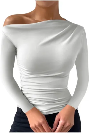 Women's Long Sleeve One Shoulder Tops Ruched Slim Fit Y2K Tight Shirts Solid Color Fall Winter Office Work Sexy Tops
