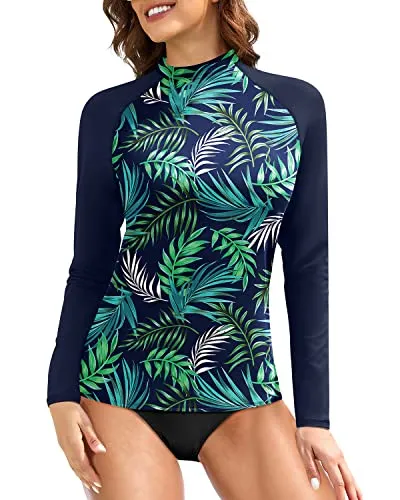 Women's Long Sleeve Rash Guard Swim Top Uv Upf 50  Sun Protection-Blue Leaf