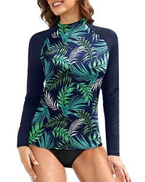 Women's Long Sleeve Rash Guard Swim Top Uv Upf 50  Sun Protection-Blue Leaf