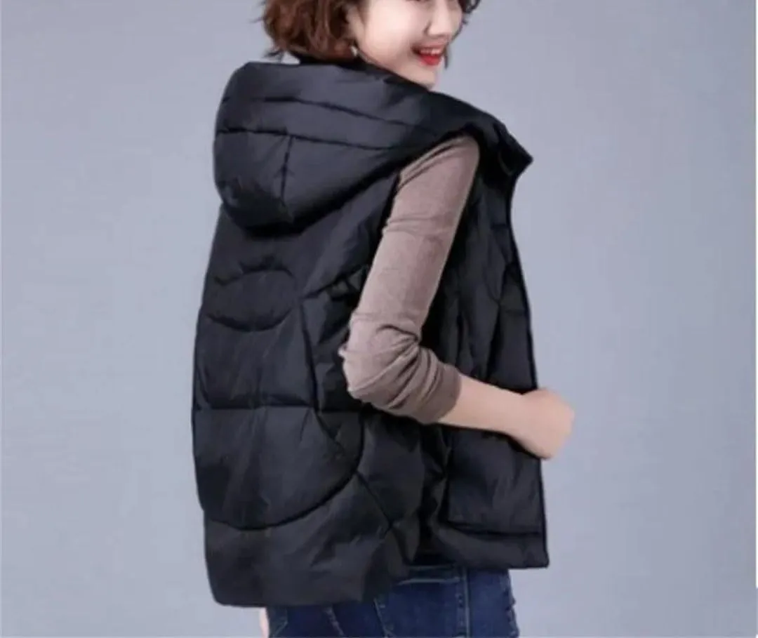 Women's Loose Winter Vest Solid Hooded Zipper Pockets Ladies Cotton Padded Sleeveless Jackets Waistcoat Coat