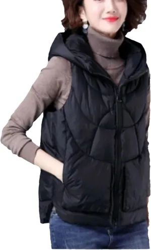 Women's Loose Winter Vest Solid Hooded Zipper Pockets Ladies Cotton Padded Sleeveless Jackets Waistcoat Coat