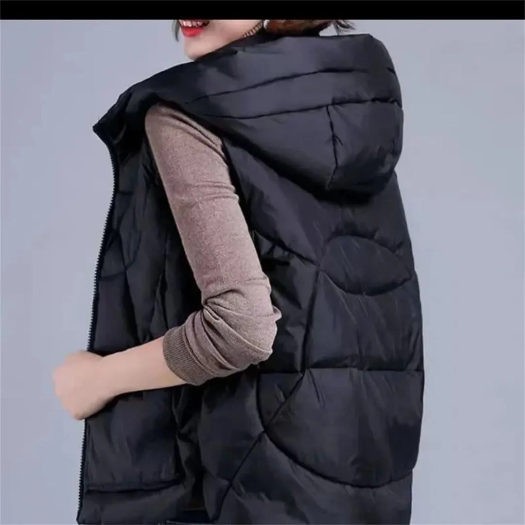Women's Loose Winter Vest Solid Hooded Zipper Pockets Ladies Cotton Padded Sleeveless Jackets Waistcoat Coat