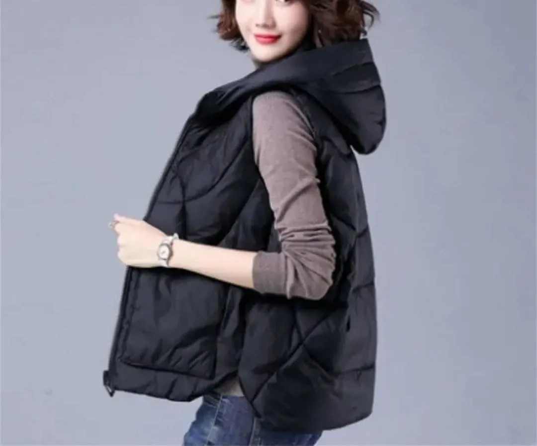 Women's Loose Winter Vest Solid Hooded Zipper Pockets Ladies Cotton Padded Sleeveless Jackets Waistcoat Coat
