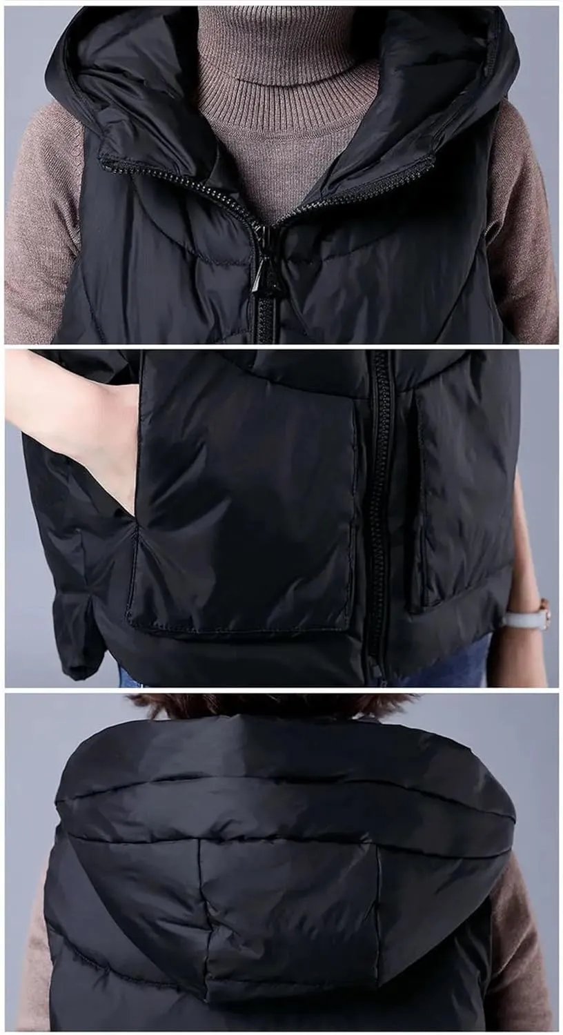 Women's Loose Winter Vest Solid Hooded Zipper Pockets Ladies Cotton Padded Sleeveless Jackets Waistcoat Coat