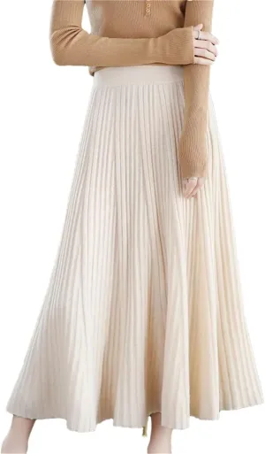 Women's Merino Wool Knit Skirt Pleated Stretch High Waist Solid Color A-Line Midi Skirts