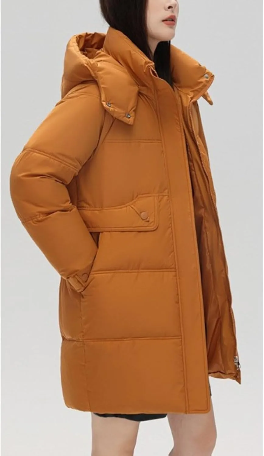 Women's Mid Length Puffer Coat Hooded Windproof Down Jacket Cotton-Padded Warm Winter Outwear