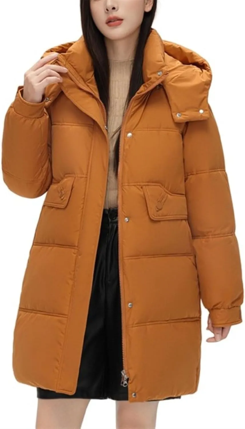 Women's Mid Length Puffer Coat Hooded Windproof Down Jacket Cotton-Padded Warm Winter Outwear