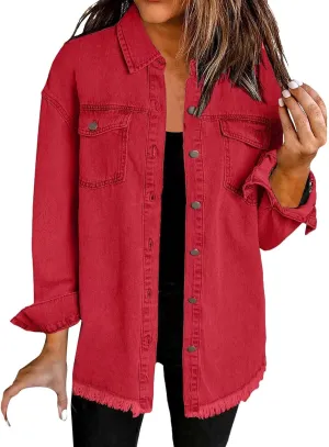 Womens Oversized Button Up Frayed Hem Shacket Long Sleeve Pockets Denim Jean Jacket Trucker Coats